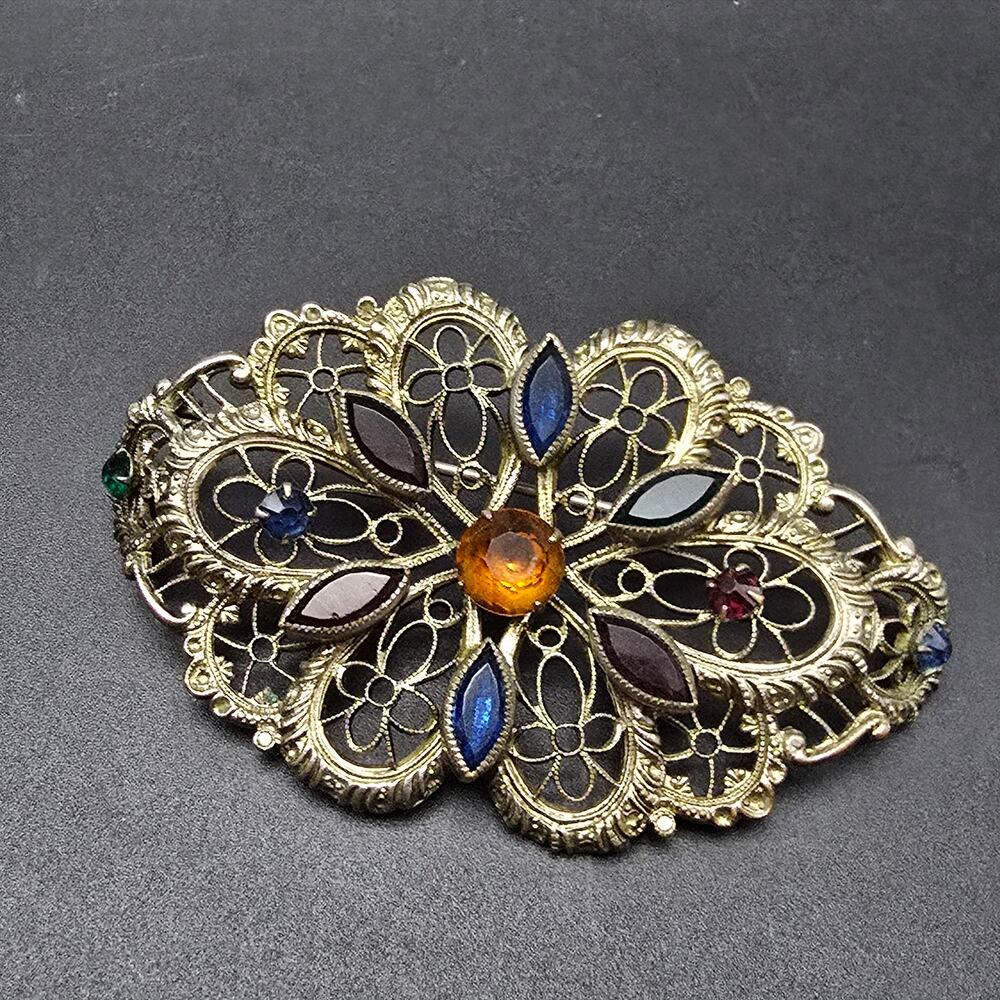 Antique Czech Art Glass Brooch Silver Tone Filigree Multicolor Oval